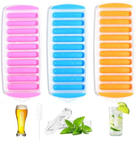 HEDMON 3 Stück Eiswürfelform mit Deckel 30 CM Länge Eiswürfelform Silikon 10 Fach Eiswürfelform Länglich 3 Farben Eiswürfelform für Frozen Drinks Whiskey Cocktails
