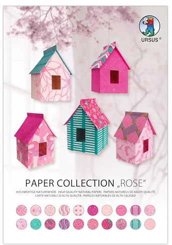 Ursus 61630003 - Paper Collection Rose, 20 Blatt handgeschöpftes Naturpapier, 35 - 200 g/m², 23 x 33 cm, in Rosatönen mit verschiedenen Designs, zum vielseitigen Basteln