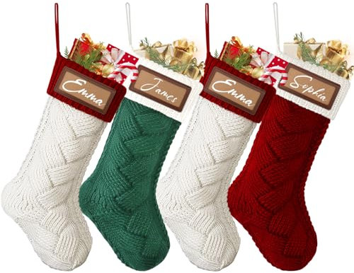 Dremisland Gestrickte Weihnachtsstrümpfe, 45,7 cm, personalisierbar, Familien-Weihnachtsstrümpfe, individueller Name mit Lederflicken, Burgunderrot, Grün, Weiß, Weihnachtsstrumpf zum Aufhängen, für