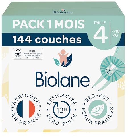 BIOLANE - Couches bébé taille 4 - (7-18 kg) - Peaux Sensibles - Ultra-Absorbant, Pas de Fuite, jusqu'à 12h au Sec - Confort & Protection - Pack 1 mois 144 couches - Fabriqué en France