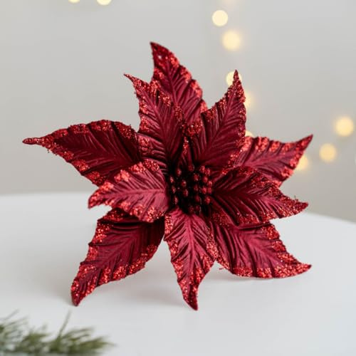 champracer 25CM Weihnachtsdeko Blumen für Weihnachtsbaum,Kunstblumen Weihnachten,Weihnachtsdeko Blumen,Christbaumschmuck Blume,Weihnachtsbaumschmuck,Weihnachtsschmuck (Rot,3 Stück)