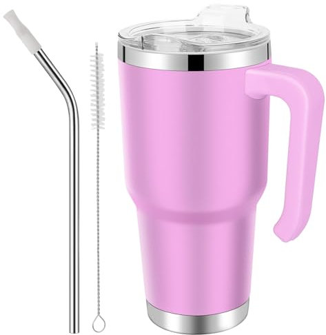 EQARD Mug Isotherme Cafe avec Paille Poignée Tasse de Voyage avec Couvercle étanche Gobelet Inox avec Tube Brosse Tasse Isotherme Cafés pour Chaud ou Glacé Tous Sans BPA