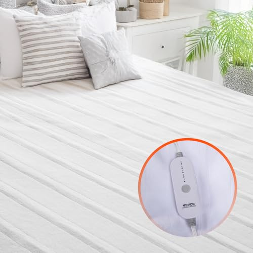 VEVOR Heated Mattress Pad, 60x80, White Queen Electric Bed Warmer with 1-5 Heat Settings Control, 10-Hour Auto Shut Off, Machine-Wash Breathable Coral Fleece Heating Electric Mattress Sheets