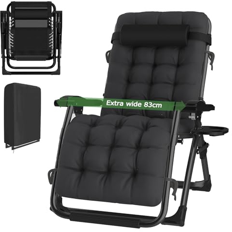 haiorjun Chaise Longue Zero Gravity Pliante, Fauteuil Relax Jardin Exterieur avec Coussin et Housse de Protection, 83 cm Extra Large Bains de Soleil Pliable avec Dossier Réglable, Support 200 kg