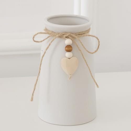 HOPEME Charming 6-Inch Ceramic Vase with Jute Rope & Heart Charm, Elegant Boho & Farmhouse Décor, Small Vase for Home and Office, White