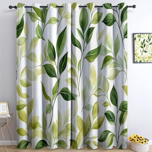 Grün 100% Verdunkelungsvorhänge mit Ösen H214 x B91.5 cm (2er Set), Pflanzen Sie Grüne Blätter Zweige, Absolut Blickdichte Thermo-Gardinen gegen Hitze für Schlafzimmer und Babyzimmer