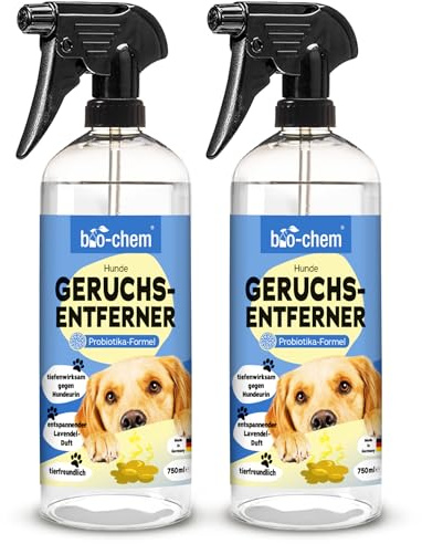 bio-chem Hunde Geruchsentferner Spray 2x 750ml | Enzymreiniger mit Mikroorganismen gegen Hundeurin-Geruch auf Sofa, Teppich & Polster