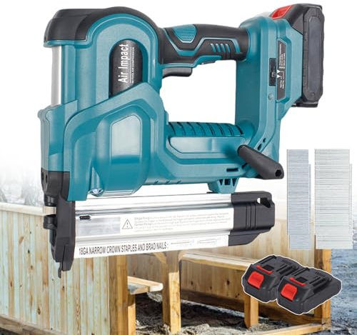 pealiritansemen Clavadora De Clavos Sin Cable, Clavadora Eléctrica De Mano, con 2 * Baterías De 2.0 Ah, Clavadora Grapadora para Carpintería 2 En 1 con 200 Clavos Rectos Y 200 Grapas,Blue