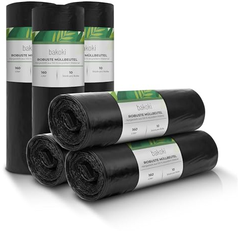 Bakoki Müllbeutel 160L - Extrem Reißfest, Extra Stark, Ideal Für Haushalt, Garten Und Betrieb -6 x 10er Rolle, Schwerlast Müllsäcke Für Renovierung Und Gewerbe-Abfälle, Große Müllsäcke, LDPE