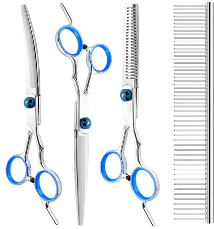 GIEEU Set di 4 forbici per toelettatura per cani con punte rotonde di sicurezza, forbici professionali in acciaio inox, blu