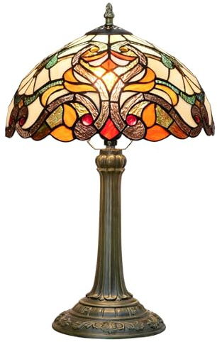 Crecobo Tiffany Table Lamp, Orange Stained Glass, 12 Inch, Baroque Style, Retro Victorian French Country Design, Bronze Finish, Indoor Decorative Lighting for Bedroom, Living Room