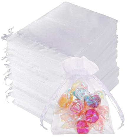 Quelcc 100 Pezzi Sacchetti Regalo in Organza, 7x9 cm Sacchetti in Organza con Coulisse, Sacchetto Regalo in Organza, Trasparenti e Riutilizzabili - Per Bomboniere, Feste, Matrimoni, Gioielli