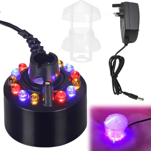 PRITOK Ultrasonic Mist Maker Water Fountain: Fog Machine Atomizer with UK Plug, 24V Pond Fogger Air Humidifier, Color Changing Mini Mist Maker for Garden Rockery, Halloween Party, Yard Outdoor
