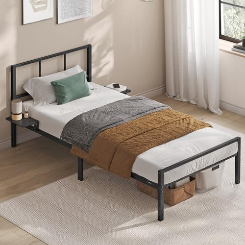 VASAGLE Einzelbettgestell, 90 x 200 cm, Bettrahmen mit Lattenrost | Kopfteil, aus Metall, bis 250 kg belastbar, einfache Montage, für Schlafzimmer, mattschwarz, CONNER Kollektion RMB192BD01