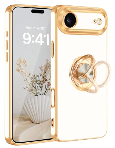 Fingic for iPhone Air Case 360° Rotatable Ring Holder Kickstand Shiny Slim | Plating Gold Edge,Support Magnetic Car Mount,Thin Shockproof Protective Cover for iPhone 17 Air for Men Women,6.5,2025,White