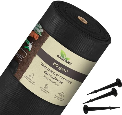 GARDENIX Toile anti-mauvaises herbes - 100 m² - Avec 100 piquets - 1 m x 100 m - Perméable à l'eau - 80 g/m² - Noir - Résistant aux UV - Pour plate-bande surélevée - Film anti-mauvaises herbes - Bâche
