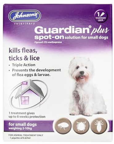 Johnsons Guardian Plus Spot On for Small Dogs 2kg - 10kg - 1 Treatment, Kills Fleas, Ticks & Lice, Stops Flea Eggs Hatching