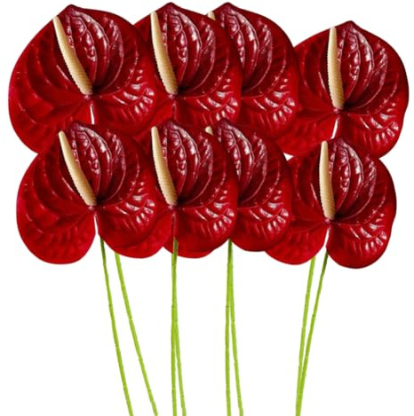 KABAKE 8 flores artificiales de lirio de anthurium de 24 pulgadas, flores falsas permanentes para mesa de hogar, centros de mesa, arreglos de ramo y hojas verdes para bodas, fiestas (rojo)