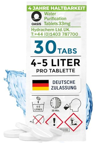 Wicked Chili Wasserreinigungstabletten (30 Stk. je 4-5 Liter Trinkwasser) | Tabletten zur Wasserentkeimung & Trinkwasseraufbereitung für Camping, Reiseapotheke, Notfall Wasseraufbereitung Trinkwasser