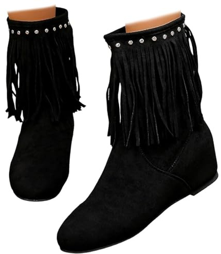 Botas de flecos para mujer, estilo vaquero occidental, estilo vintage, remache de gamuza, tacón plano, media pantorrilla, estilo hippie, mocasín, Black, 39.5 EU