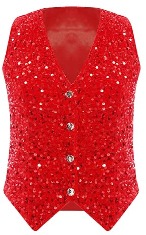 Kaerm Women's Sequin Waistcoat Sparkle Sleeveless Blazer Jacket Vest Top V Neck Glitter Tuxedo Clubwear Red XL
