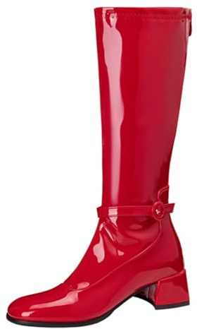 CUTEHEELS Stivali al ginocchio da donna in pelle lucida, tacco a blocco, fodera morbida, suola antiscivolo, per ufficio, stile quotidiano, Colore: rosso, 41 EU
