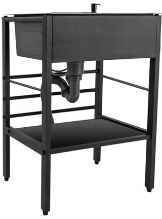 Lavello da cucina in acciaio inox, autoportante, per esterni, con colini a cestello, griglie,lavabo per lavanderia, salvaspazio(Nero senza rubinetto - 50×40×86cm)