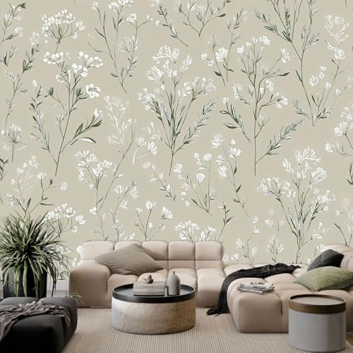 Light Gray Photo Wallpaper, Non-Woven Prints Fleece Elegant Serene Flowers Leaves Wall Mural - Mural Wallpaper Decoration Poster for Bedroom Bathroom Living Room 79 x 55 inch (W x H)
