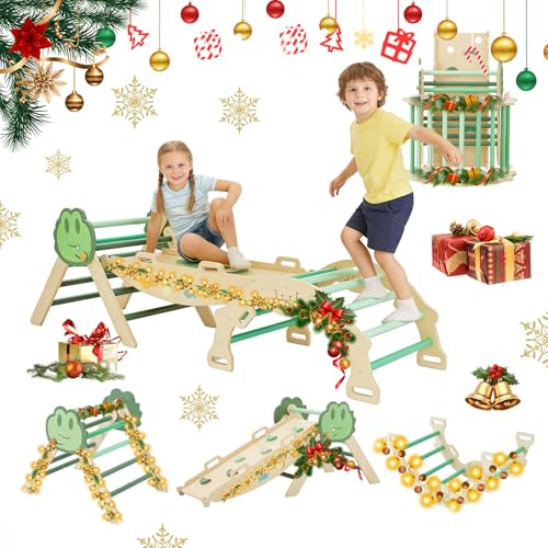 Garvee Pikler Triangle Climbing Set, 7-in-1 Foldable Wooden Toddler Climbing Toys Set with Ramp & Arch & Ladder, Indoor Playground Jungle Gym for Kids Toddler