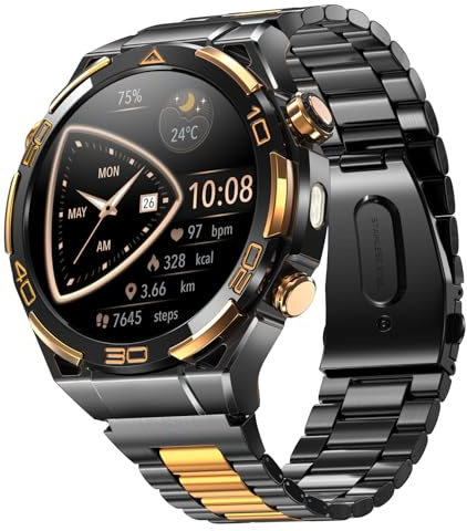 Blackview Smart Watch for Men, 14K Gold Plated Case AMOLED Display, Built-in GPS, Compass, LED Torch, 100-Day Battery, ChatGPT, BT Calling, Health Monitor, 120+ Sports, IP68 Waterproof for iOS Android