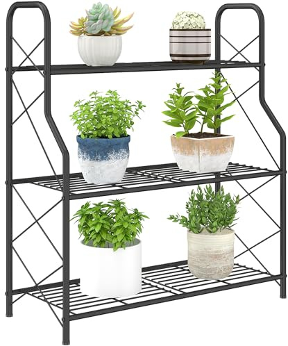 Outsunny Scaffale Porta Piante Verticale a 3 Livelli con Supporti Laterali a X, Porta Vasi con Maniglia in Metallo per Interni ed Esterni, 69x28.5x78 cm, Nero
