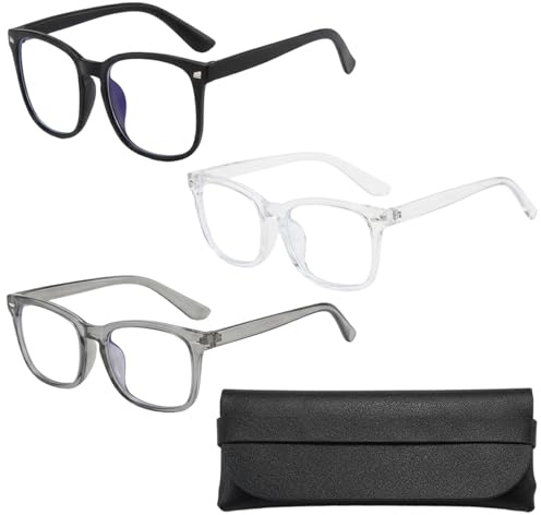 WuiCtvz 3er Set Damen Brillen ohne Sehstärke, Schwarz, Transparent & Grau mit Brillenetui, Modische Fake Brille für Alltag, Büro und Freizeit, Leicht und angenehm für viele Gesichtsformen