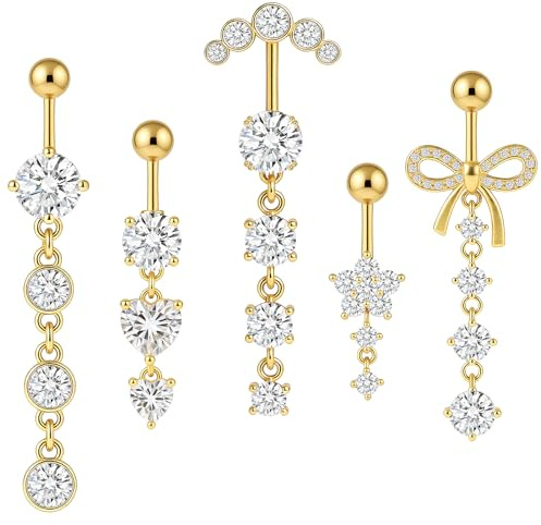 5PCS Piercing Belly Button Bars Gold Surgical Steel Dangly Belly Bar 12MM