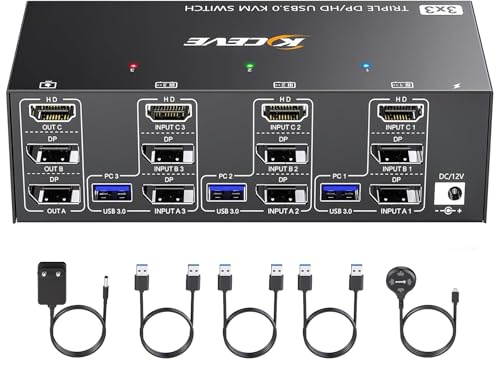 Switch KVM 8K@60Hz HDMI DisplayPort 3 PC 3 monitor, 4K @144Hz Triple Monitor KVM Switch con 4 dispositivi USB 3.0, alimentatore incluso, telecomando wireless e 3 cavi USB