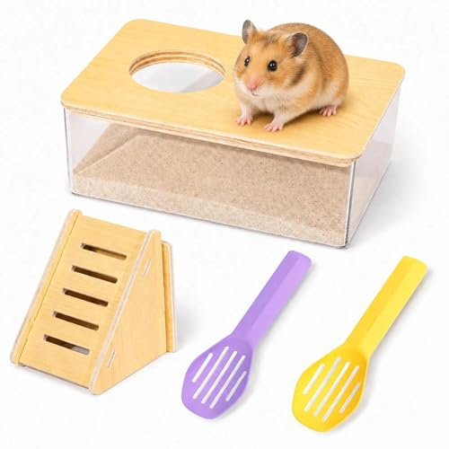 huoanpo 4 Pcs Hamster Sand Baths Set: Transparent Lid SandBath Container for Hamster Sands, Includes Ladder & Scoops – Perfect Sand Bath for Syrian Hamsters, Dwarf Hamsters Bathing Sands And Grooming