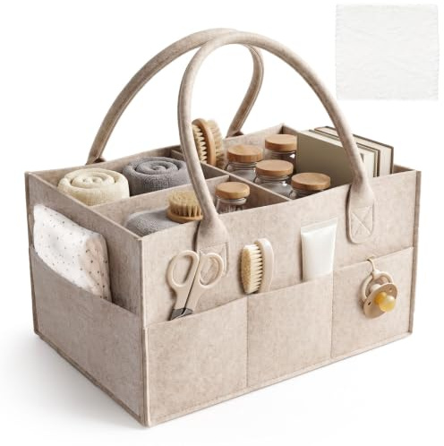 Organizador de pañales de fieltro caqui – Organizador de pañales con compartimentos extraíbles y toalla de forro polar coral bebé, cesta para pañales para recién nacidos y niños pequeños, regalo para