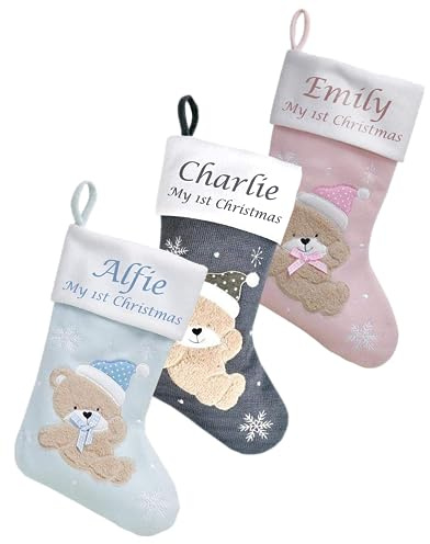 Hoolaroo Personalised Christmas Stocking Boot Sock Xmas Deluxe Baby Christmas Traditional 40cm BLUE Boy Baby First Christmas Babies 1st year