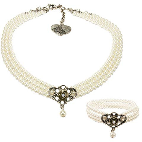 Alpenflüstern Trachtenschmuck-Set Perlen-Trachtenkette und Trachten-Armband Hedwig - Damen-Trachten-Schmuck, Trachtenset Dirndl-Kette und Trachten-Armkette Creme-weiß SET035