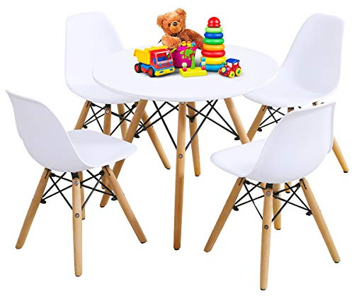 Costzon Kids Table and Chair Set, 5 PCS Mid-Century Modern Style Kids Desk Set w/Wood Legs, Iron Frame for Dining Drawing Playing & Strong Bearing Capacity, Toddler Table and Chairs (White)