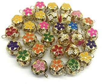 Colourful Small Metal Bell,50 pack Mini Flower Ball Crafting Hollow Jingle Bells for Decorating Decorat Christmas Tree Kid's Room Pets and DIY Craft Decoration 14mm