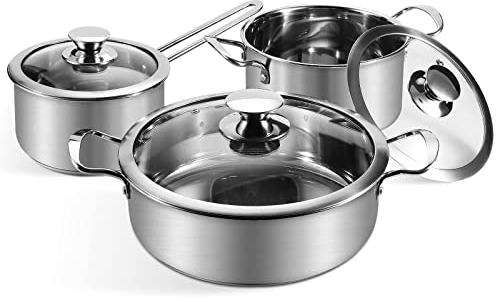 Saucepan Set 6 Pieces, Stainless Steel Pot and Pan Set, Saucepan with Glass Lids Cookware, Cookware Set Compatible with Induction, Gas and Electric Hobs