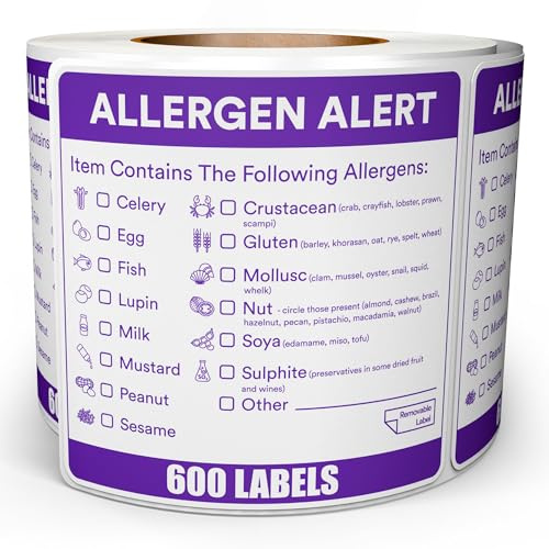 Allergen Labels 600pc Roll 5cm - Natasha's Law Food Allergy Stickers | Removable adhesive, Leaves no residue, 14 tick boxes, Other write-in box, FIC 2014 compliant
