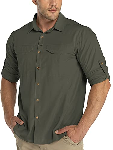 33,000ft Funktionshemd Herren UPF50+ UV-Schutz Langarm Hemd Atmungsaktiv Button-Down-Hemd Outdoor Sportliches Freizeithemd Angelhemd Für Männer Grün M
