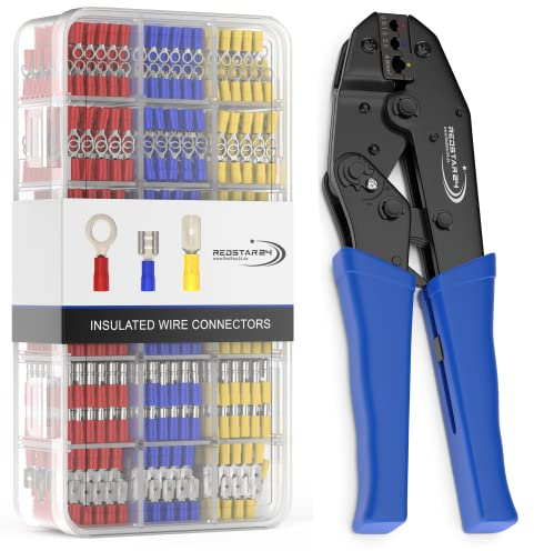 Crimpzange Kabelschuhe Set inkl. 700 Stück Steckverbinder, Quetschverbinder, Flachstecker, Flachsteckerhülsen, Rundstecker, Ringkabelschuhe, Stoßverbinder mit Zange Kabelschuhzange für 0,50-6,00 mm²