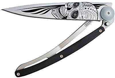 deejo – Klappbares Taschenmesser 37 g mit Gürtelclip – Griff aus Ebenholz, Klinge aus Edelstahl Z40C13 – Motiv Latino Skull – Tischmesser, Wandern, Camping, Biwak