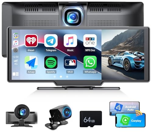 CAMECHO 9.3 Inch Touch Screen Car Stereo, Wireless CarPlay and Android Auto, Portable Car Audio Receiver with Front Dash & Rear View Camera, Bluetooth, AUX/FM, Voice Control, for 7-32V Dashboard Mount