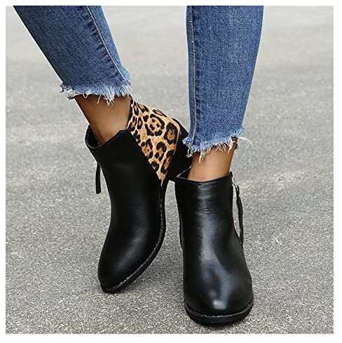 Botines De Moda Con Estampado De Leopardo,Booties Chelsea Elegantes for Mujer Con Tacón Bloque,Botas Cortas De Cuero PU De Otoño Invierno,zapatos De Tobillo De Punta Estrecha ( Color : Black , Size :