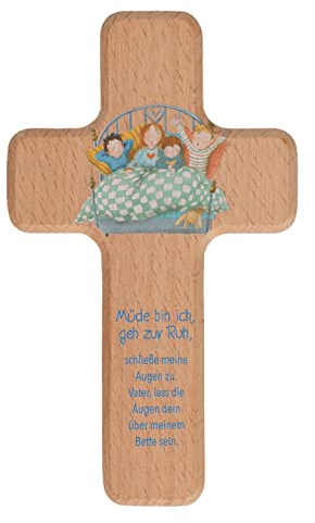 Butzon & Bercker Kinder-Kreuz aus Buchenholz in Weiß oder Natur mit christlichem Motiv und Gebet in Geschenkverpackung, Maße 8,2 x 14 cm (Natur-Bunt (Müde bin ich))