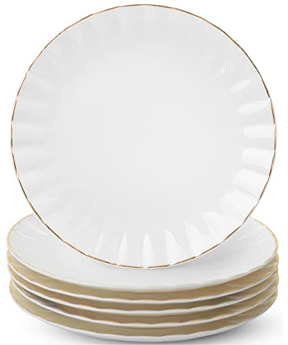 BTaT- White Dessert Plates, Set of 6, 8 inch, White Porcelain with Gold Trim, Small Plate, Small Appetizer Plates, Small White Plates, Dessert Plates Porcelain, White Plates, Christmas Gifts