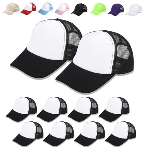 OKBA 10 Pack Sublimation Blank Baseball Cap Adjustable Hat Polyester Mesh Trucker Hats for Men and Women (US, Alpha, One Size, 3X-Large, Standard, Black and White hat *10PCS)